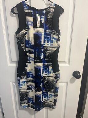 Metaphor Sleeveless Midi Dress in Blue, Black & White
